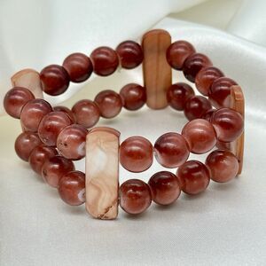 Bohdi Root - Agate Beaded Stretch Bracelet - Red Brown 7.25" Boho Natural